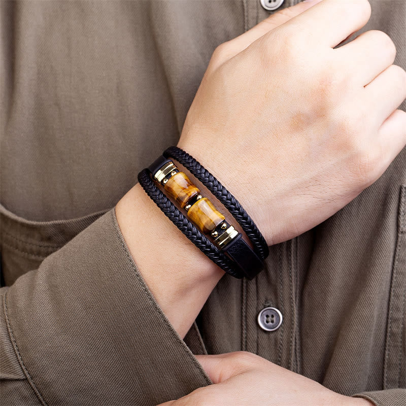 Pulsera de cuero multicapa con piedras de Buda, ojo de tigre y bambú, integridad y coraje