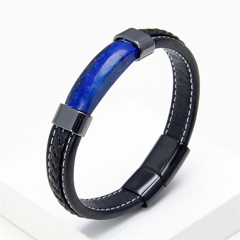 Pulsera de cuero con piedras de Buda, lazurita, ojo de tigre, rodonita, hematita, ónix negro