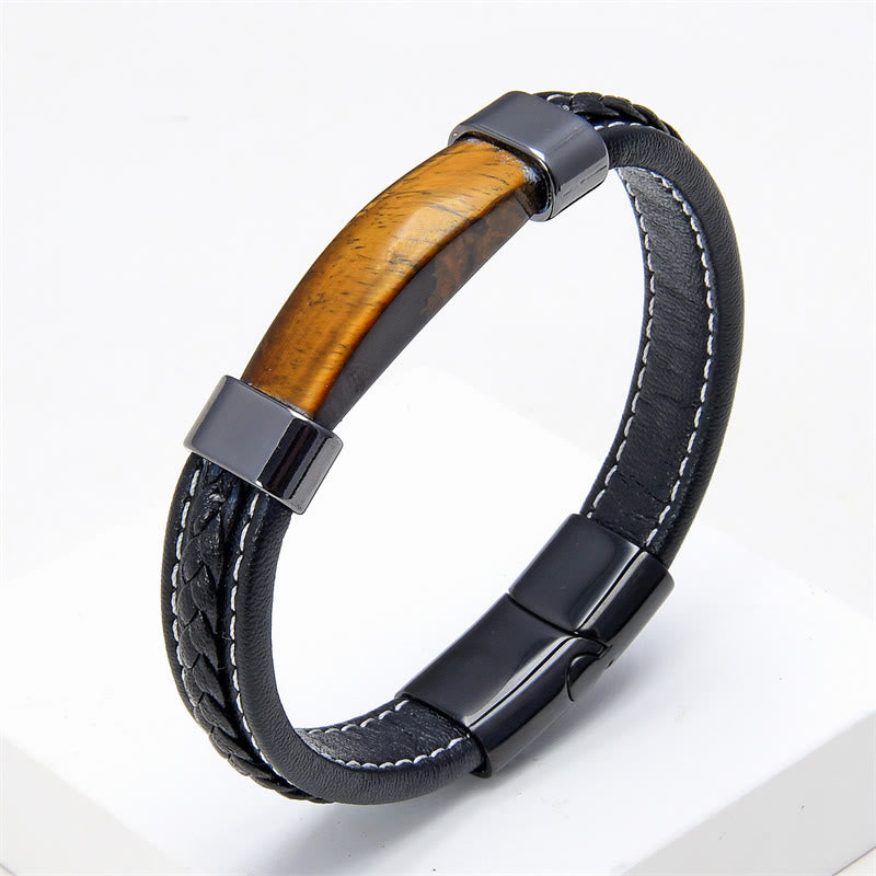 Pulsera de cuero con piedras de Buda, lazurita, ojo de tigre, rodonita, hematita, ónix negro