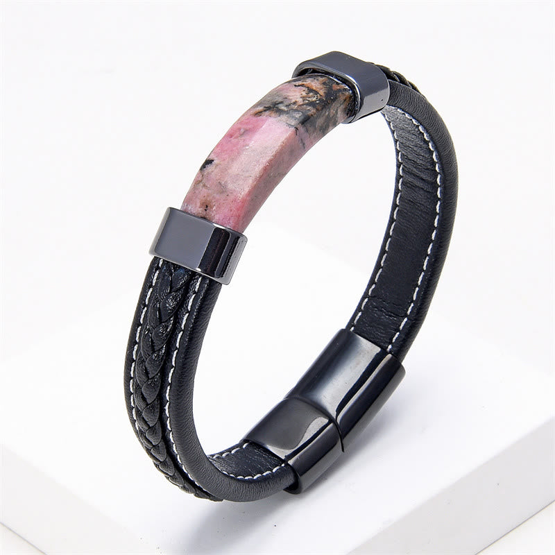 Pulsera de cuero con piedras de Buda, lazurita, ojo de tigre, rodonita, hematita, ónix negro