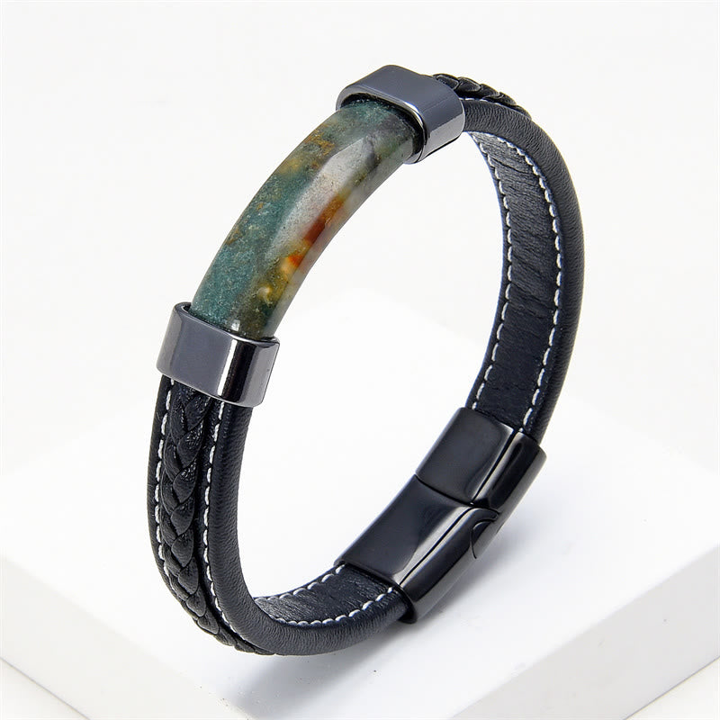 Pulsera de cuero con piedras de Buda, lazurita, ojo de tigre, rodonita, hematita, ónix negro