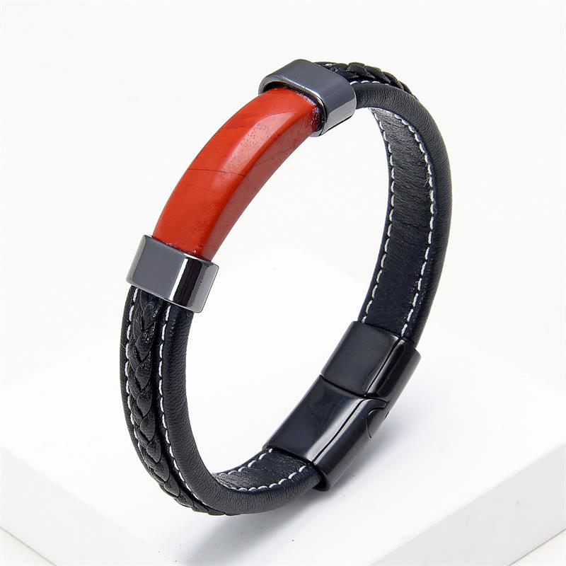 Pulsera de cuero con piedras de Buda, lazurita, ojo de tigre, rodonita, hematita, ónix negro