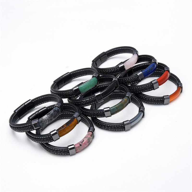 Pulsera de cuero con piedras de Buda, lazurita, ojo de tigre, rodonita, hematita, ónix negro