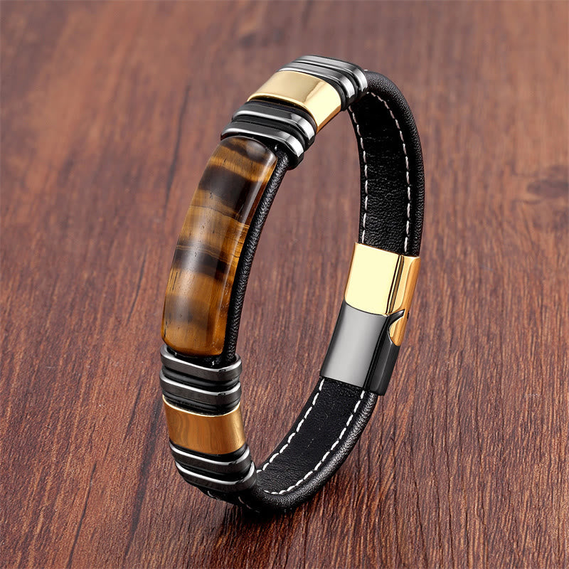 Pulsera de cuero con hebilla de piedra de ojo de tigre y piedras de Buda para una mente clara