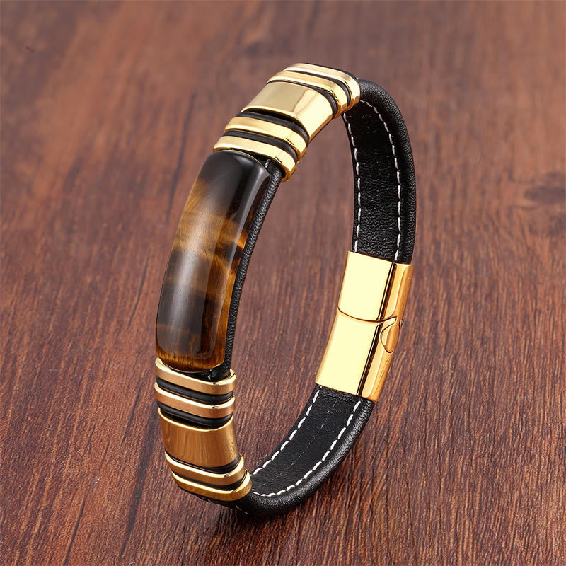 Pulsera de cuero con hebilla de piedra de ojo de tigre y piedras de Buda para una mente clara