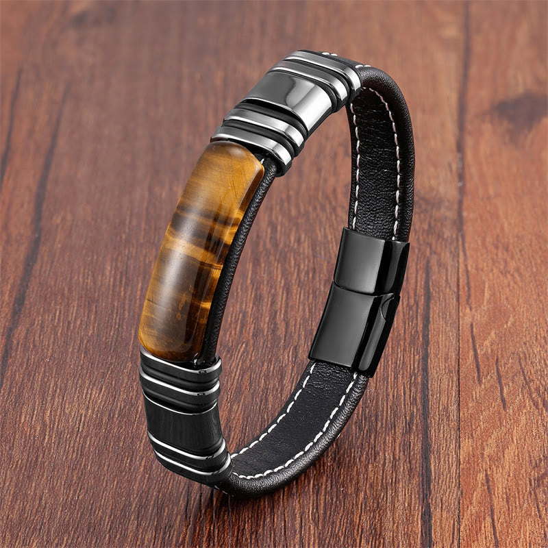 Pulsera de cuero con hebilla de piedra de ojo de tigre y piedras de Buda para una mente clara