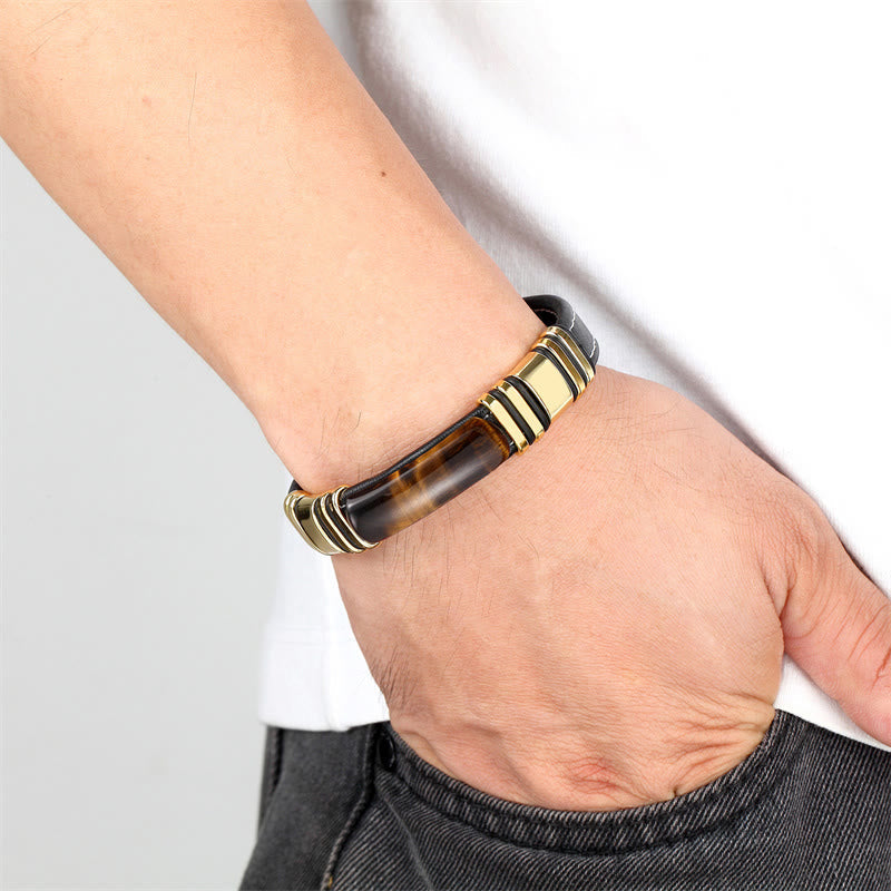 Pulsera de cuero con hebilla de piedra de ojo de tigre y piedras de Buda para una mente clara