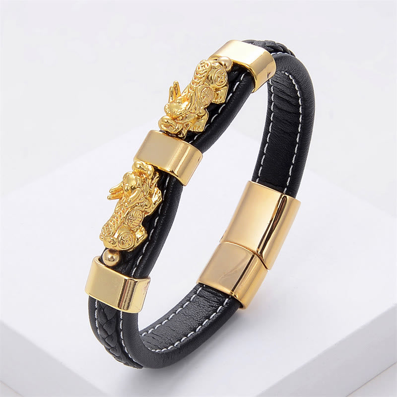 Pulsera de cuero con hebilla magnética y doble Pixiu de Buda para la riqueza y la suerte
