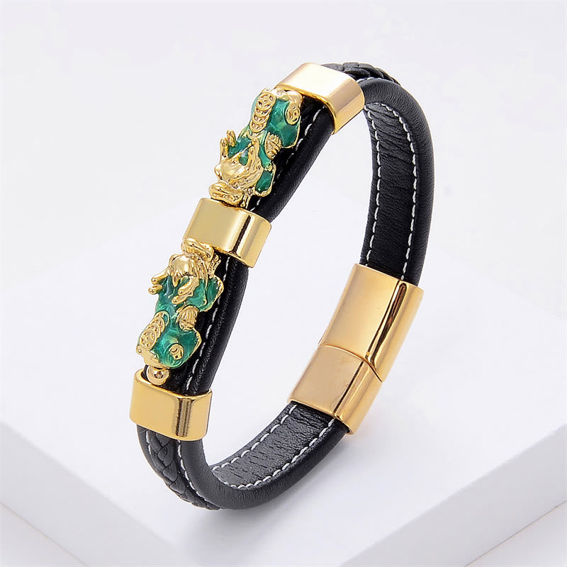 Pulsera de cuero con hebilla magnética y doble Pixiu de Buda para la riqueza y la suerte