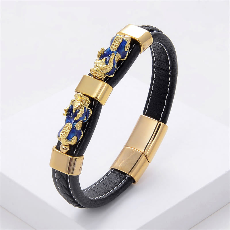 Pulsera de cuero con hebilla magnética y doble Pixiu de Buda para la riqueza y la suerte