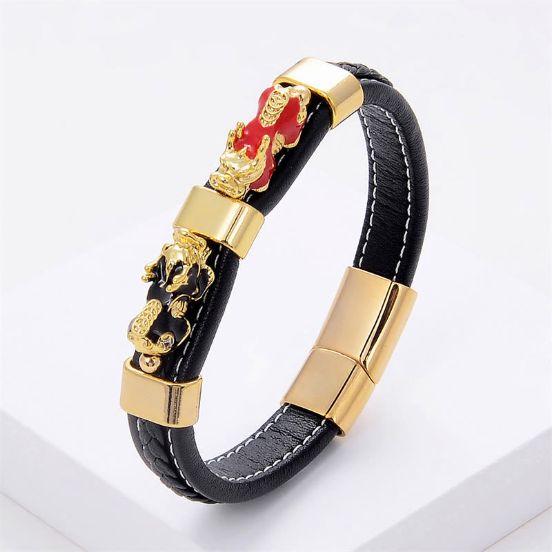 Pulsera de cuero con hebilla magnética y doble Pixiu de Buda para la riqueza y la suerte