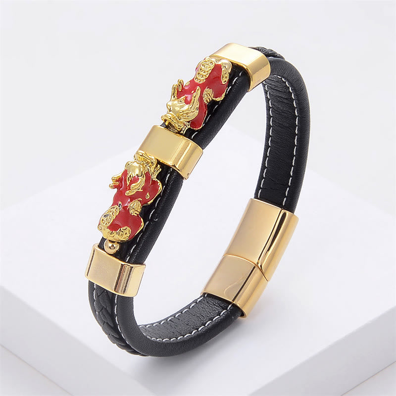 Pulsera de cuero con hebilla magnética y doble Pixiu de Buda para la riqueza y la suerte