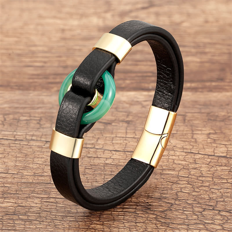 Pulsera de cuero con hebilla magnética y piedras de Buda, redondas, aventurina verde, ónix negro, hematita, ágata, cuarzo rosa