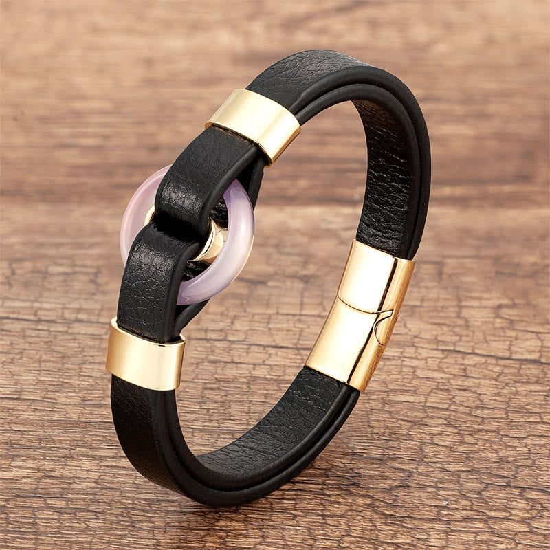 Pulsera de cuero con hebilla magnética y piedras de Buda, redondas, aventurina verde, ónix negro, hematita, ágata, cuarzo rosa