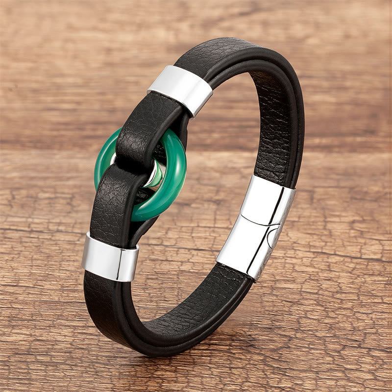 Pulsera de cuero con hebilla magnética y piedras de Buda, redondas, aventurina verde, ónix negro, hematita, ágata, cuarzo rosa