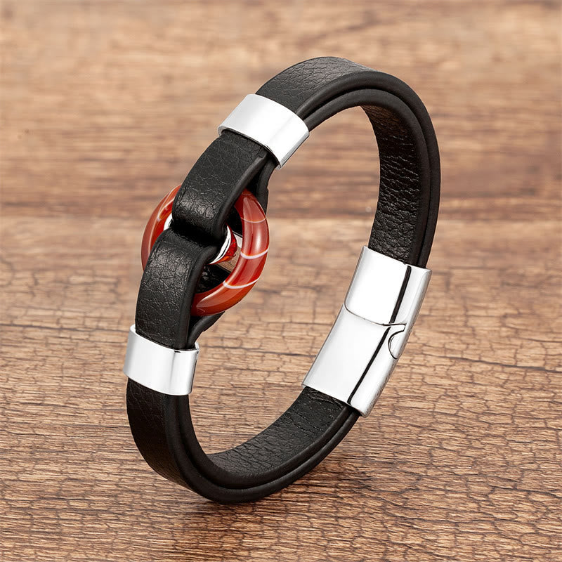 Pulsera de cuero con hebilla magnética y piedras de Buda, redondas, aventurina verde, ónix negro, hematita, ágata, cuarzo rosa