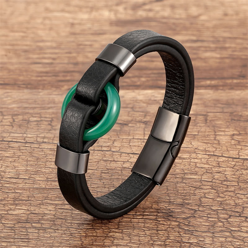 Pulsera de cuero con hebilla magnética y piedras de Buda, redondas, aventurina verde, ónix negro, hematita, ágata, cuarzo rosa