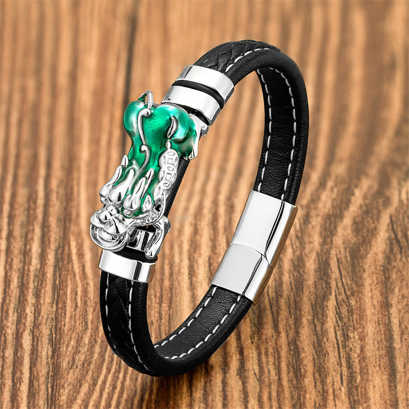 Pulsera de cuero con hebilla de riqueza, lingote de Pixiu, monedas de cobre y piedras de Buda