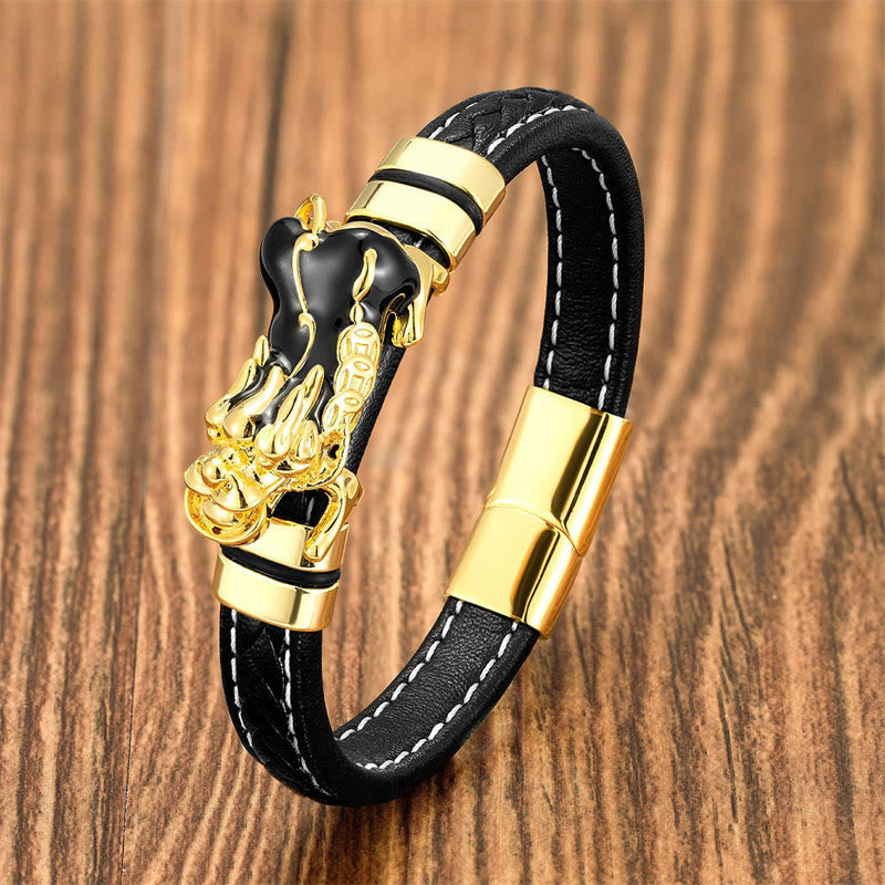 Pulsera de cuero con hebilla de riqueza, lingote de Pixiu, monedas de cobre y piedras de Buda