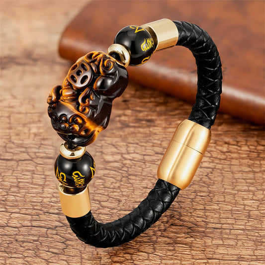 Pulsera de cuero con piedras de Buda, ojo de tigre, ónix negro, ágata roja, PiXiu, moneda de cobre, Om Mani Padme Hum