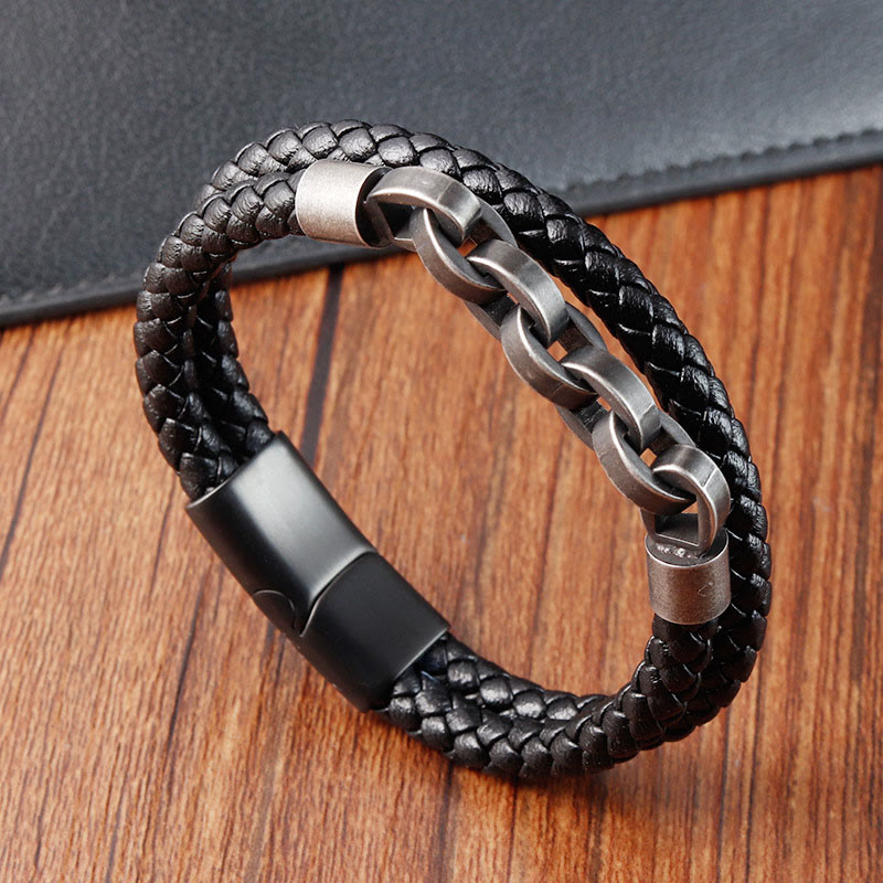 Pulsera de cuero trenzado con diseño de cadena de piedras de Buda, acero y titanio