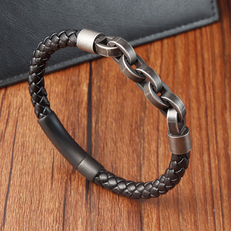 Pulsera de cuero trenzado con diseño de cadena de piedras de Buda, acero y titanio