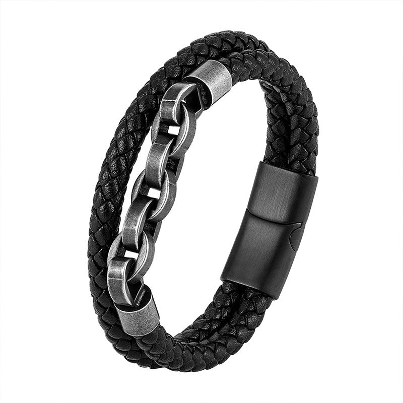 Pulsera de cuero trenzado con diseño de cadena de piedras de Buda, acero y titanio