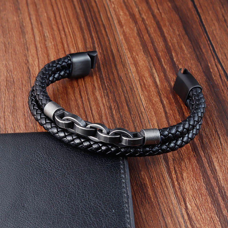 Pulsera de cuero trenzado con diseño de cadena de piedras de Buda, acero y titanio
