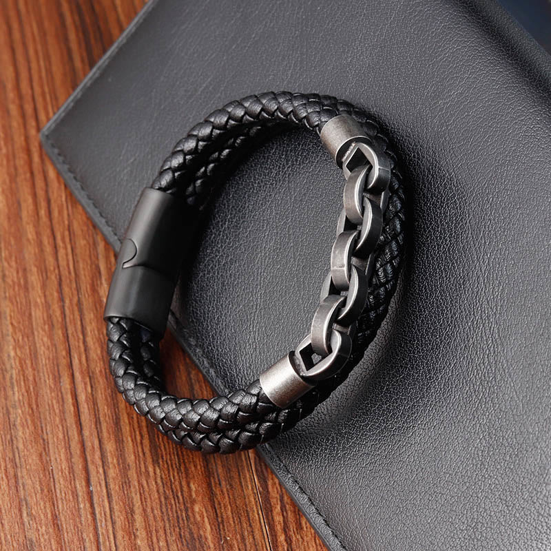 Pulsera de cuero trenzado con diseño de cadena de piedras de Buda, acero y titanio