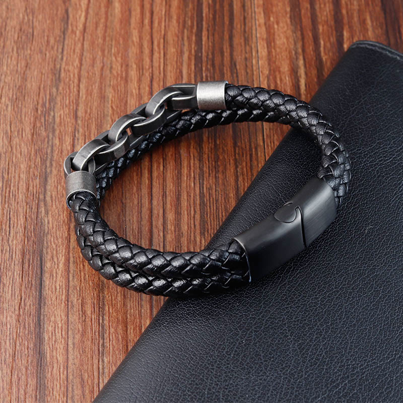 Pulsera de cuero trenzado con diseño de cadena de piedras de Buda, acero y titanio