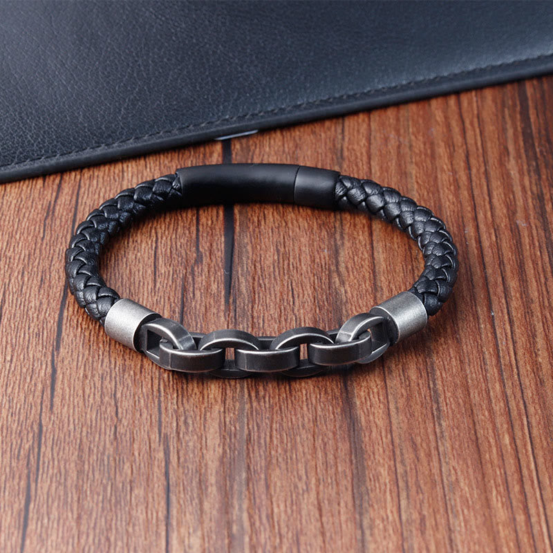 Pulsera de cuero trenzado con diseño de cadena de piedras de Buda, acero y titanio