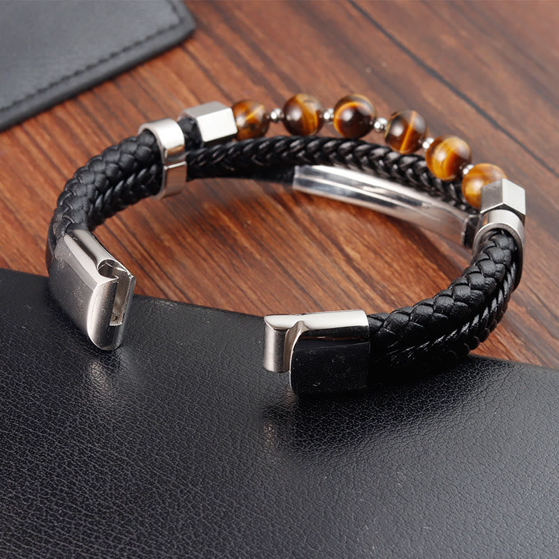 Pulsera de cuero multicapa con hebilla de conexión a tierra y cuentas de ojo de tigre de Buda