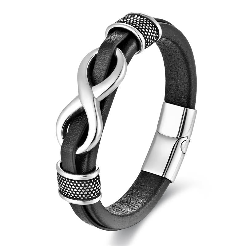 Pulsera con hebilla de cuero y equilibrio de acero y titanio con diseño de símbolo de infinito y nudo infinito de piedras de Buda