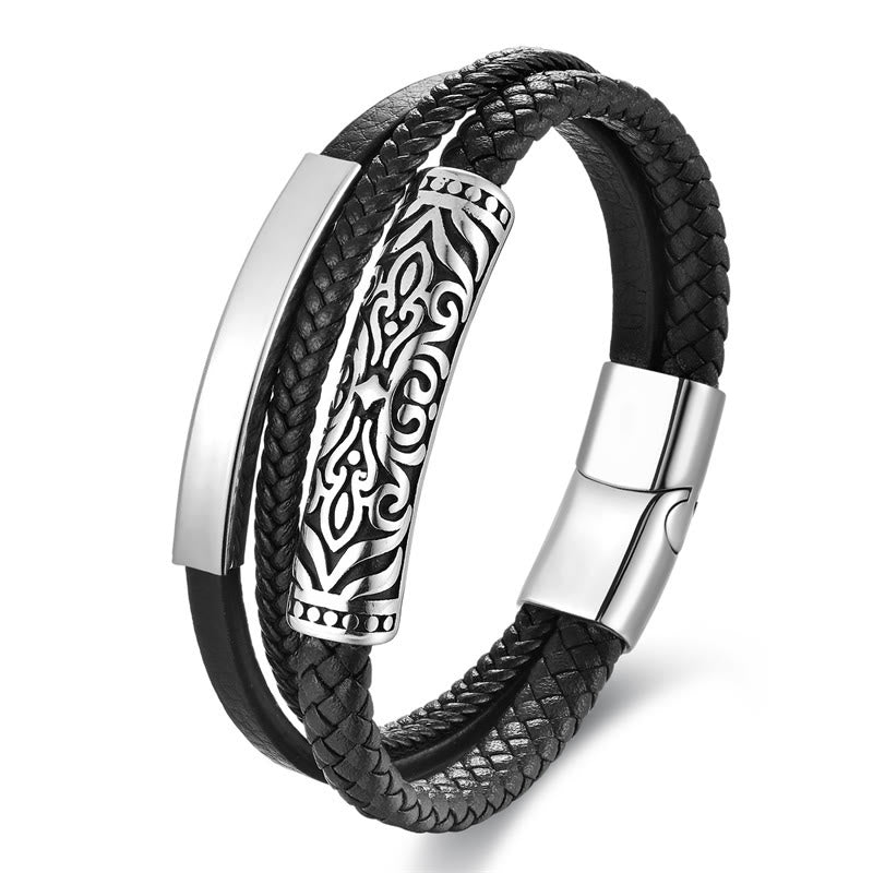 Armband aus Titanstahl mit verstärkter Lederschnalle und Buddha-Steinen und Blumenmuster