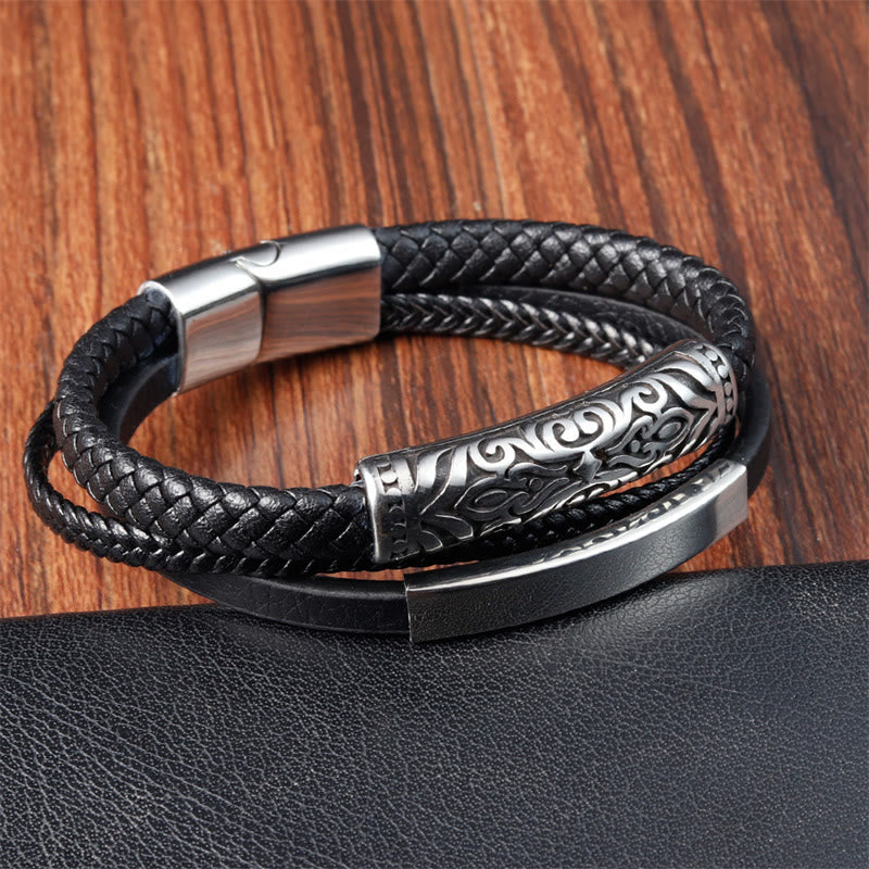 Armband aus Titanstahl mit verstärkter Lederschnalle und Buddha-Steinen und Blumenmuster