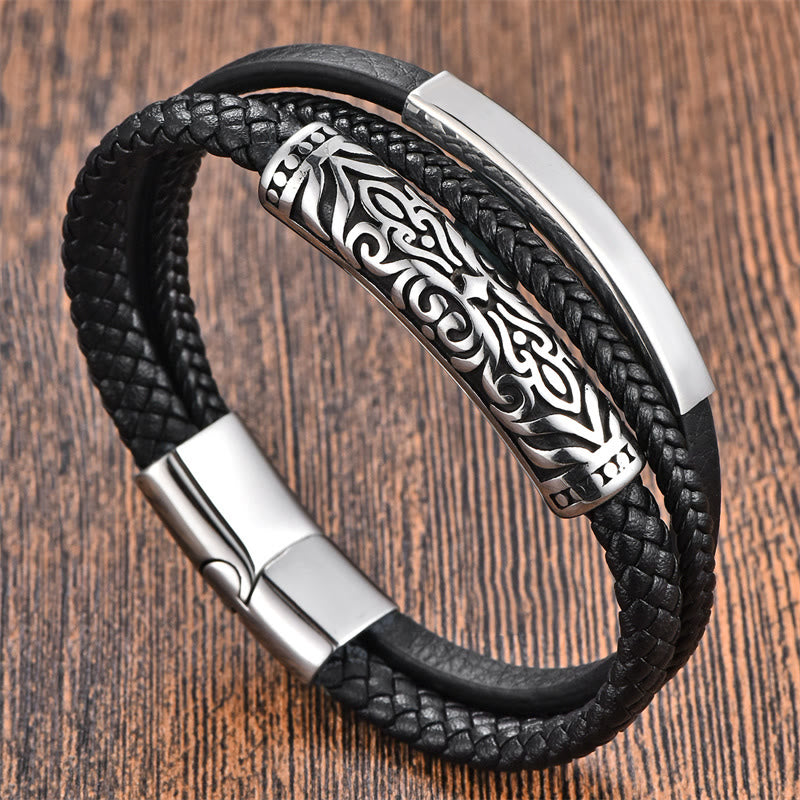 Armband aus Titanstahl mit verstärkter Lederschnalle und Buddha-Steinen und Blumenmuster