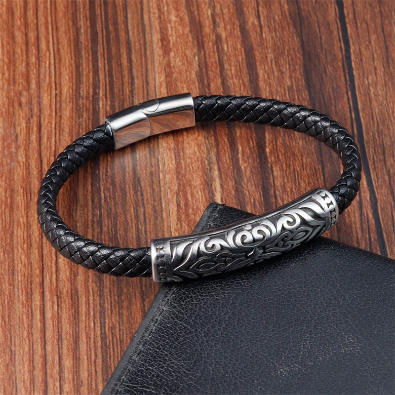 Armband aus Titanstahl mit verstärkter Lederschnalle und Buddha-Steinen und Blumenmuster