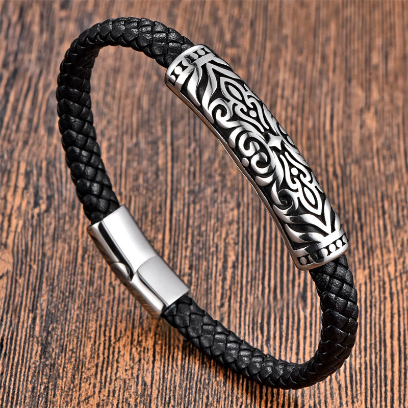 Armband aus Titanstahl mit verstärkter Lederschnalle und Buddha-Steinen und Blumenmuster