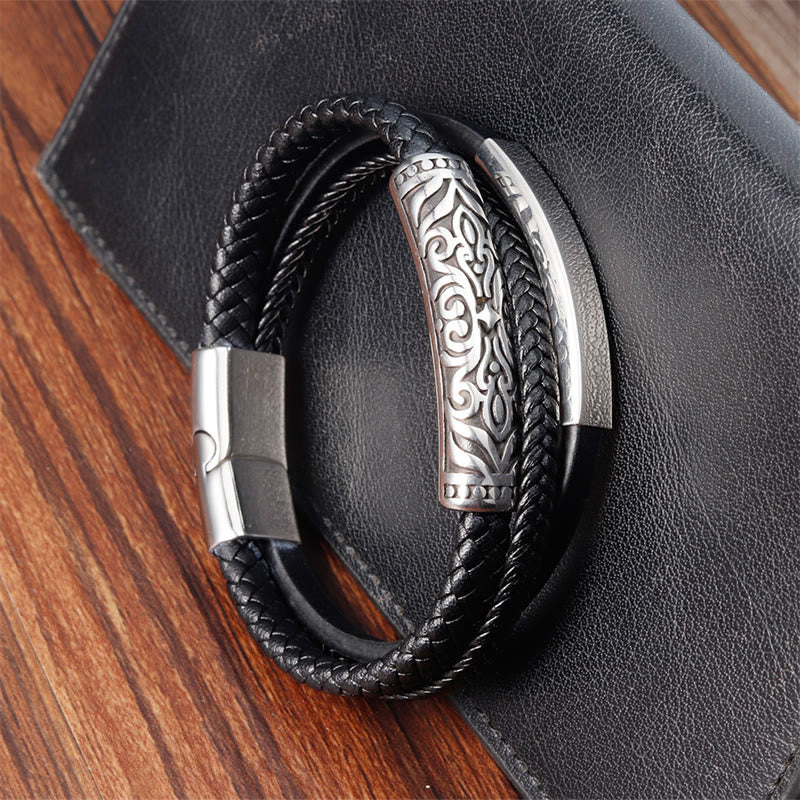 Armband aus Titanstahl mit verstärkter Lederschnalle und Buddha-Steinen und Blumenmuster