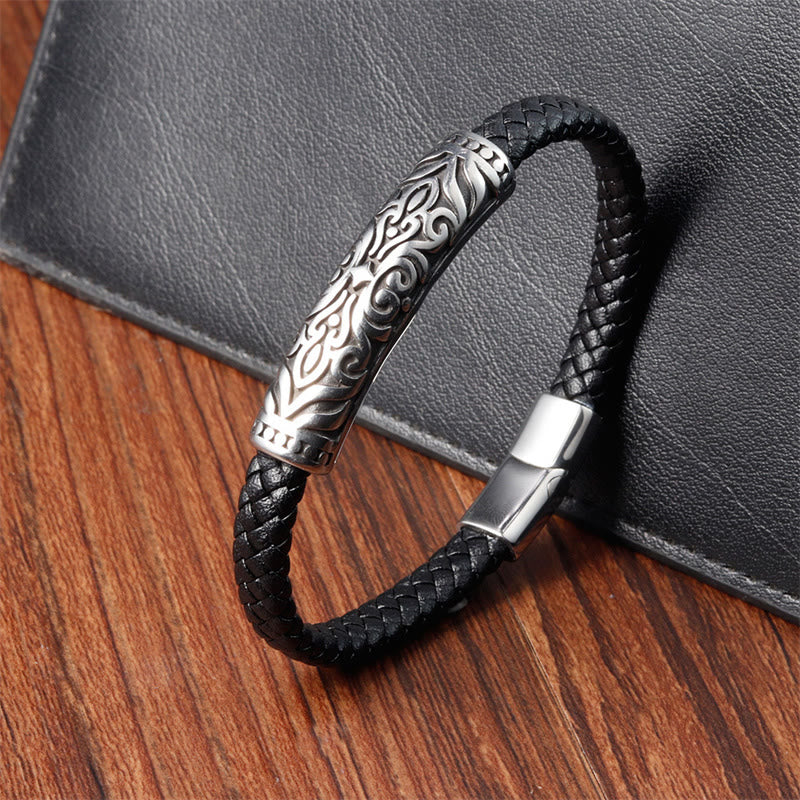 Armband aus Titanstahl mit verstärkter Lederschnalle und Buddha-Steinen und Blumenmuster