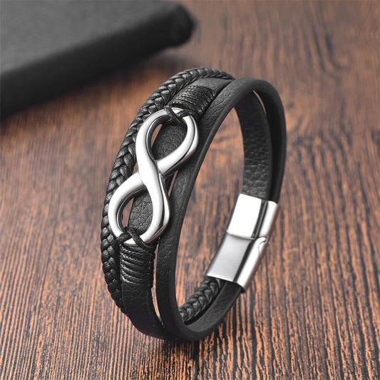 Pulsera con hebilla de cuero y titanio, símbolo del infinito, nudo eterno y piedras de Buda