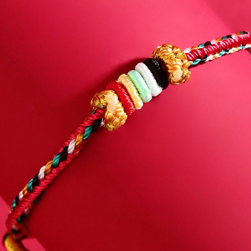 Pulsera trenzada de la suerte con nudo de arrecife y piedras de Buda de los cinco elementos, cuerda colorida