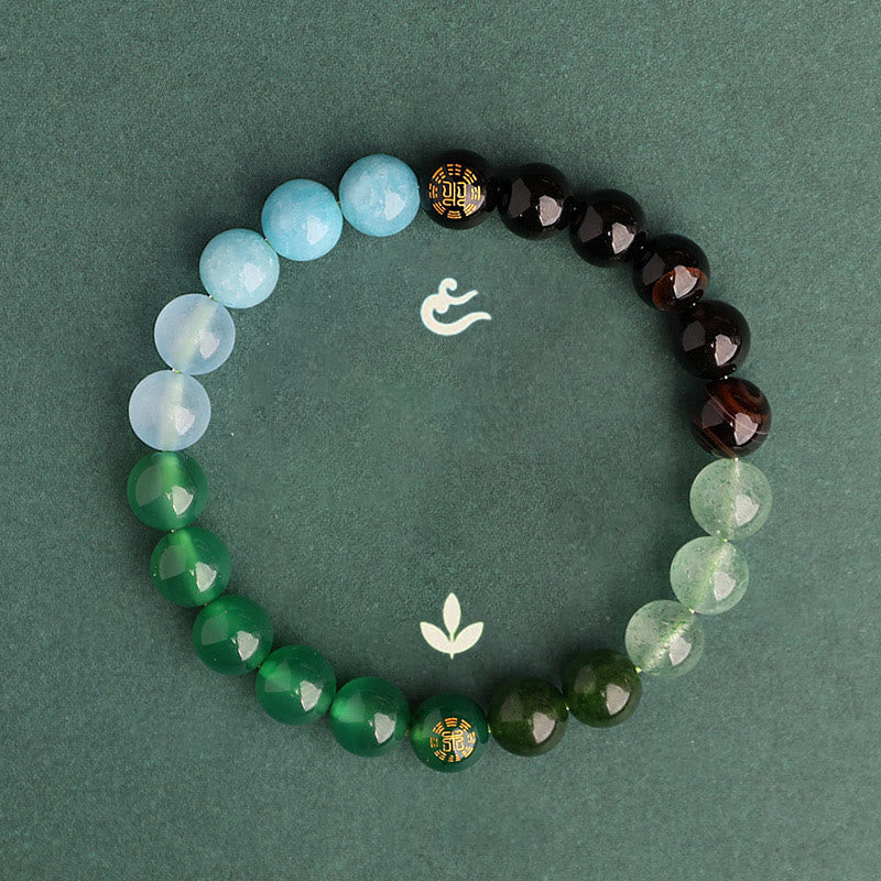 Pulsera de la sabiduría con piedras de Buda, cinco elementos, varios cristales de ágata, ónix negro, calcedonia verde y aguamarina.