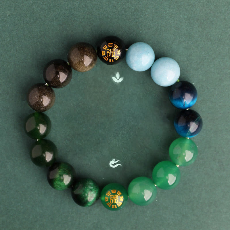 Pulsera de la sabiduría con piedras de Buda, cinco elementos, varios cristales de ágata, ónix negro, calcedonia verde y aguamarina.