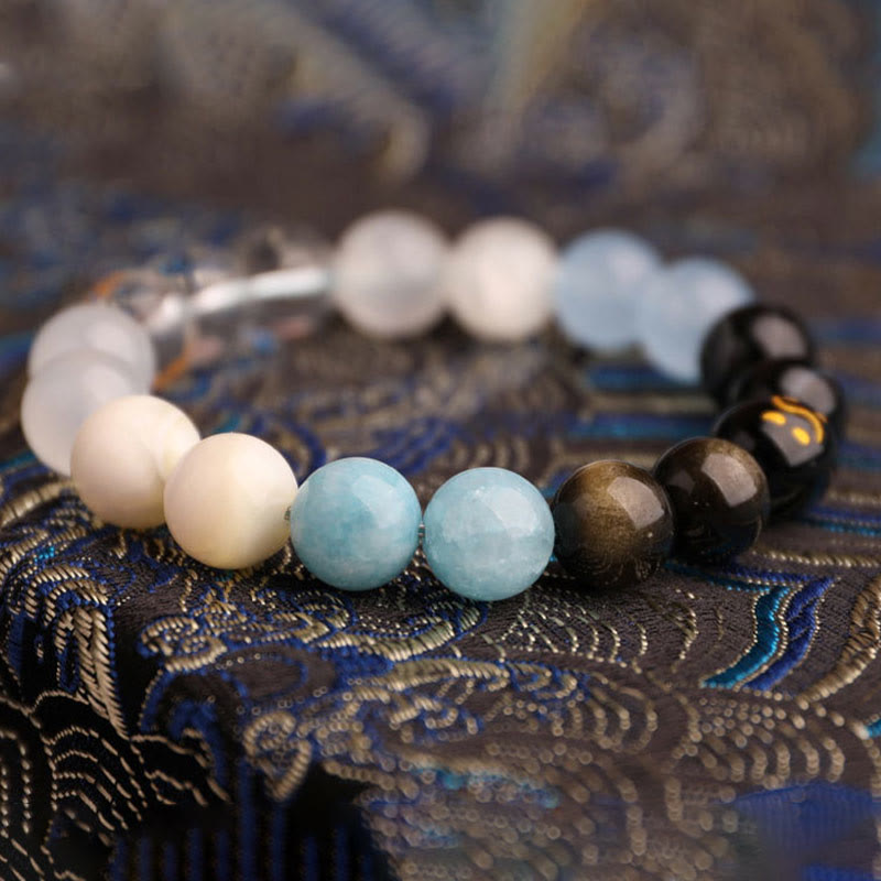Pulsera de la sabiduría con piedras de Buda, cinco elementos, varios cristales de ágata, ónix negro, calcedonia verde y aguamarina.