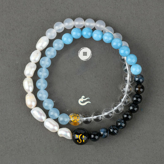 Pulsera de la suerte con piedras de Buda, cinco elementos, ágata, cristal, perla, ónix negro, ágata blanca y cristal blanco.