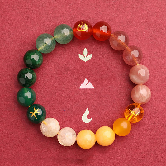 Pulsera de la riqueza con piedras de Buda, cinco elementos, varios cristales de ágata, cuarzo verde fresa y piedra solar.