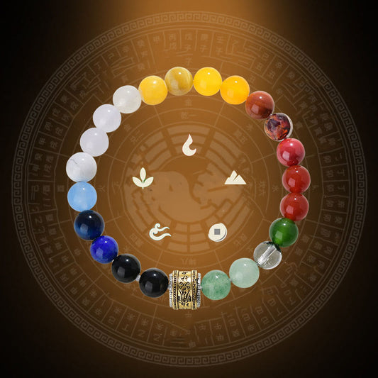 Pulsera de la suerte con piedras de Buda, cinco elementos, varios cristales de ágata, ágata roja, brillo dorado, obsidiana y ágata amarilla.