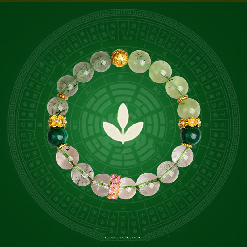 Pulsera de la suerte con piedras de Buda, cinco elementos, varios cristales de ágata, cuarzo rutilado fantasma verde, ágata uva verde y malaquita.