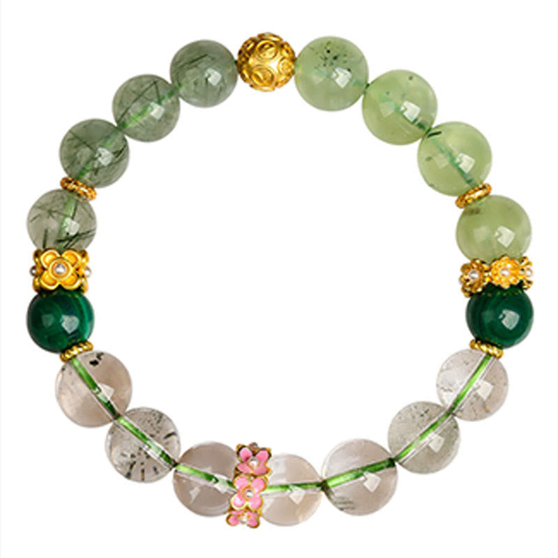 Pulsera de la suerte con piedras de Buda, cinco elementos, varios cristales de ágata, cuarzo rutilado fantasma verde, ágata uva verde y malaquita.